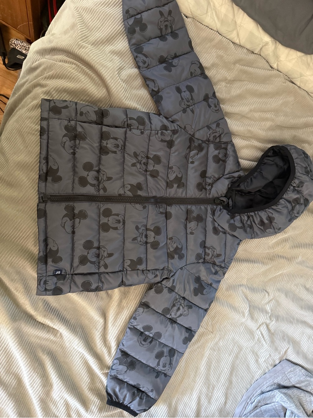 GAP Gray Hooded Puffer Jacket with Mickey Print
